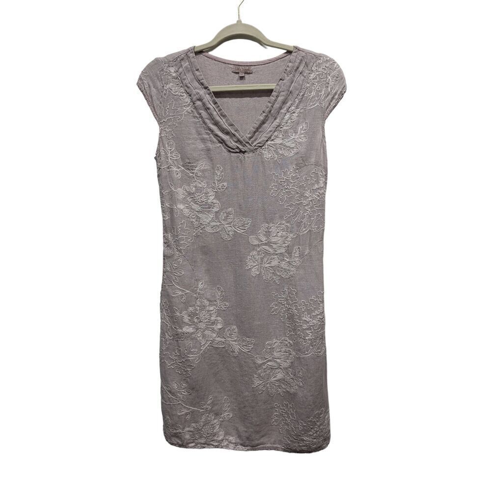 Lina Tomei Linen Made in Italy Embroidered Cap Sleeve Pockets Sheath Dress, XS